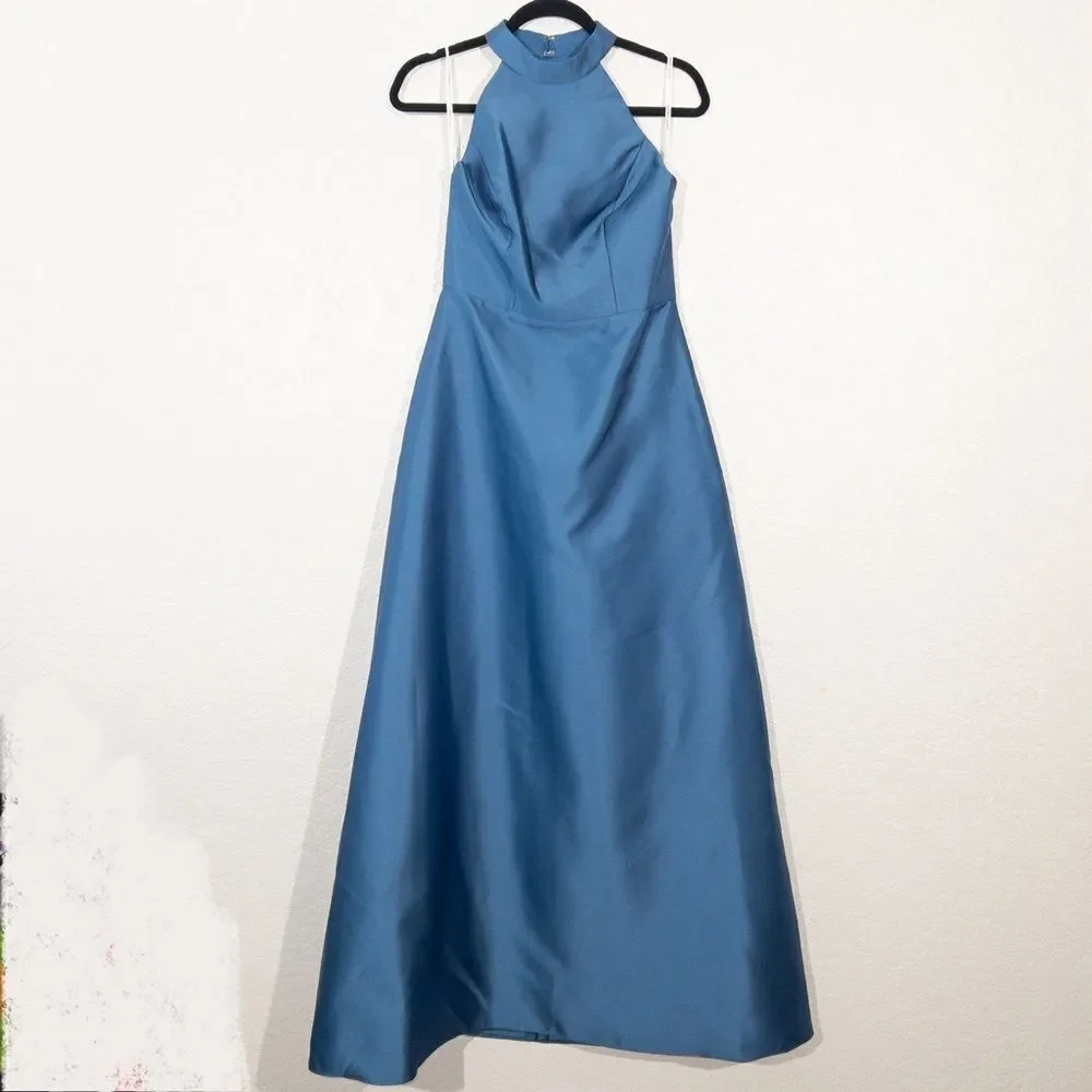 NWT Alfred Sung Dusk Blue High Neck Cut Out Satin Dress Size 6 - Picture 3 of 8